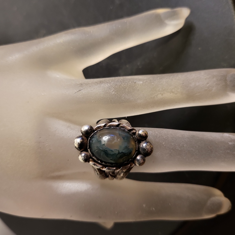 Sterling Silver Moss Agate Hand Crafted Rustic Ring  signed ELF Craft Si…